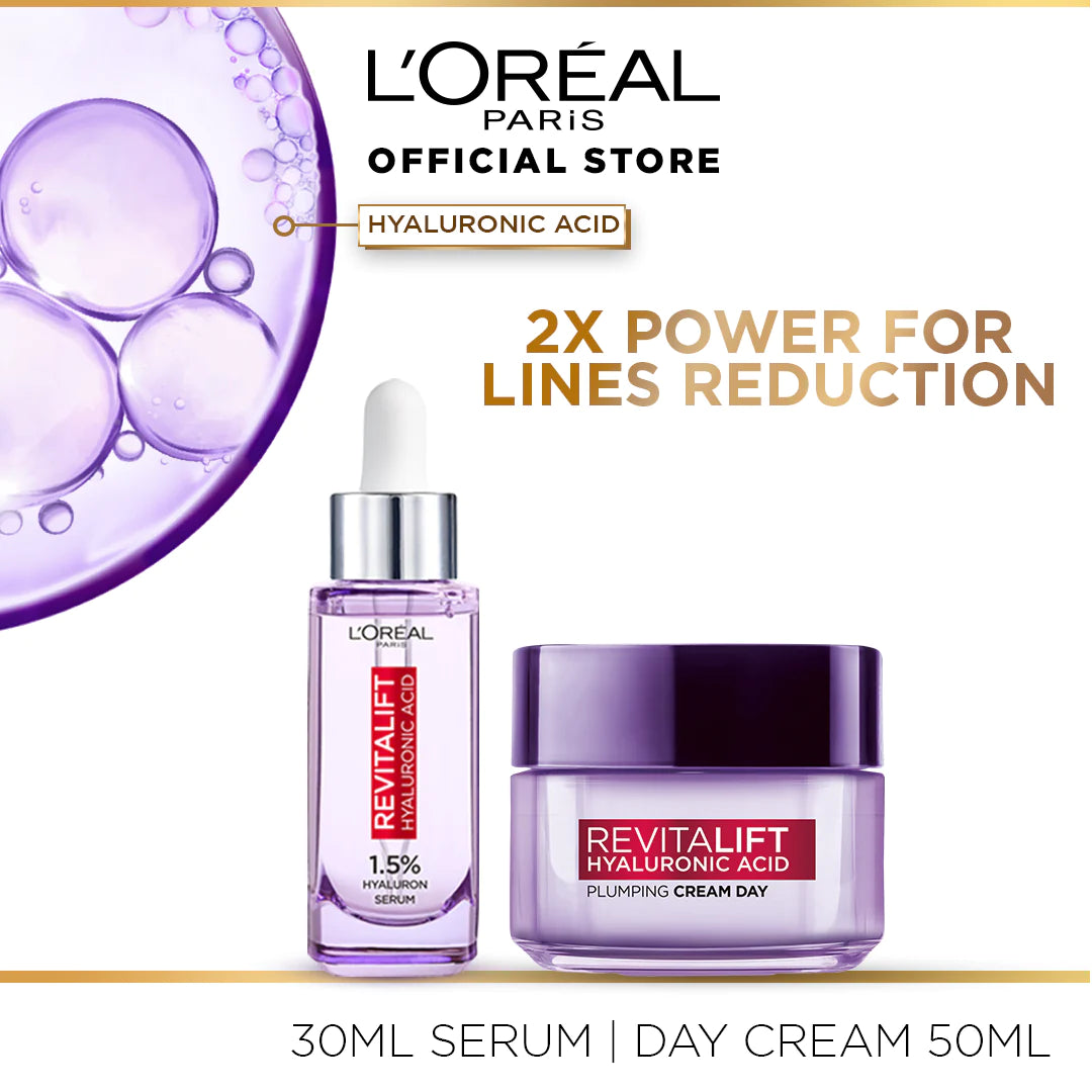 L'Oreal Paris Revitalift Hyaluronic Acid 1.5% Anti-Aging Serum (30ml) With Plumping Cream Day 50ml-2X POWER FROM LINES REDUCTION