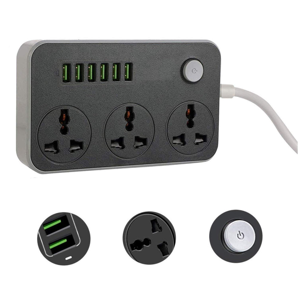 Power Socket With 3 Anti-Static AC Sockets And 6 Intelligent USB Charging Ports 2500W 3.4A