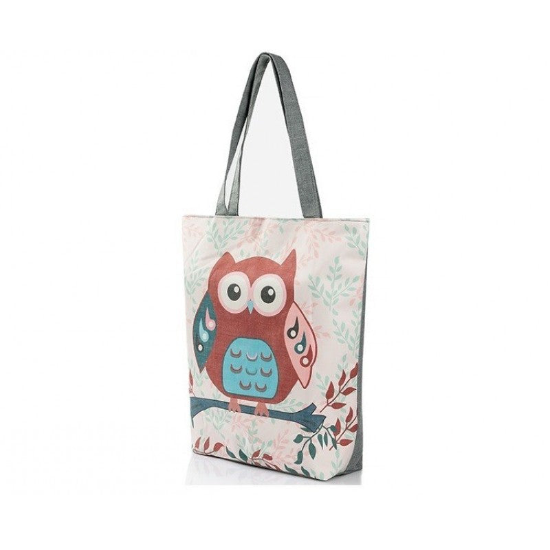 Owl and Flower-Patterned Canvas Tote Bag with Zipper