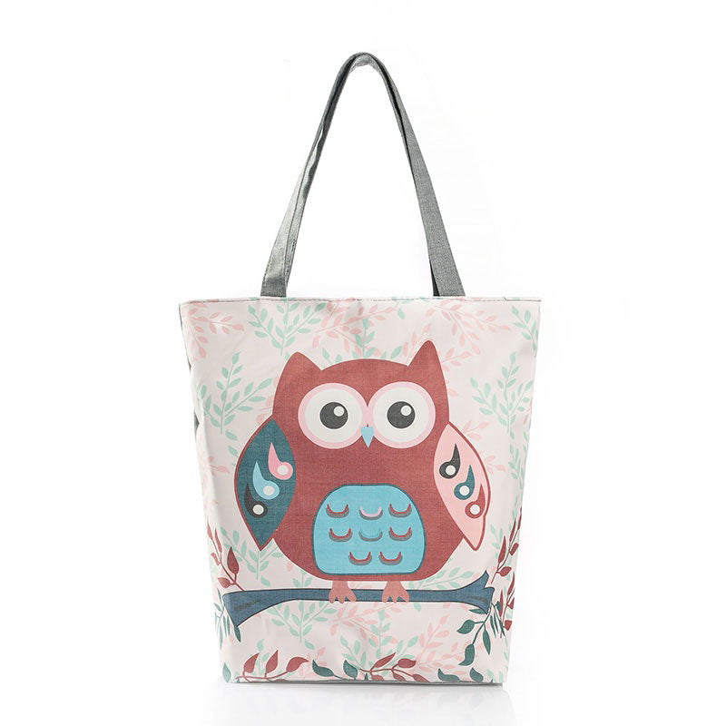 Owl and Flower-Patterned Canvas Tote Bag with Zipper