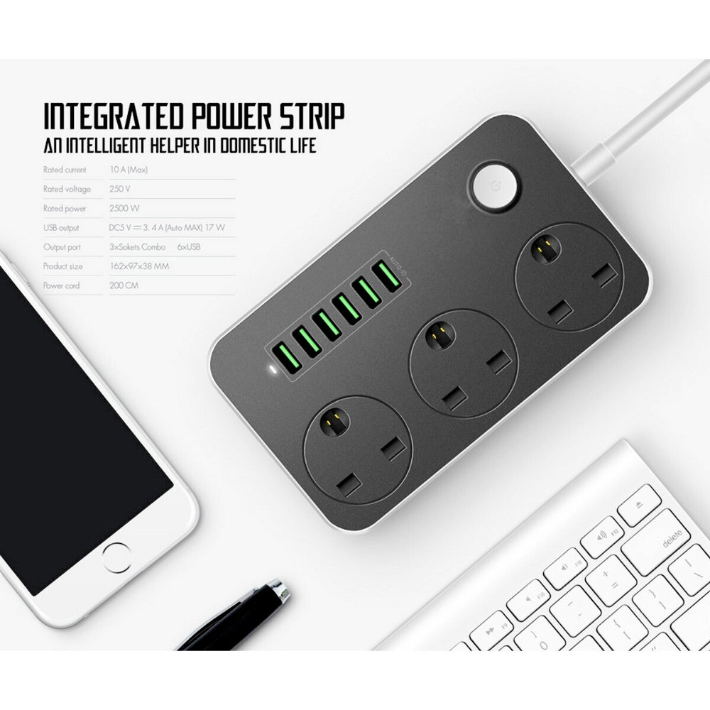 Power Socket With 3 Anti-Static AC Sockets And 6 Intelligent USB Charging Ports 2500W 3.4A