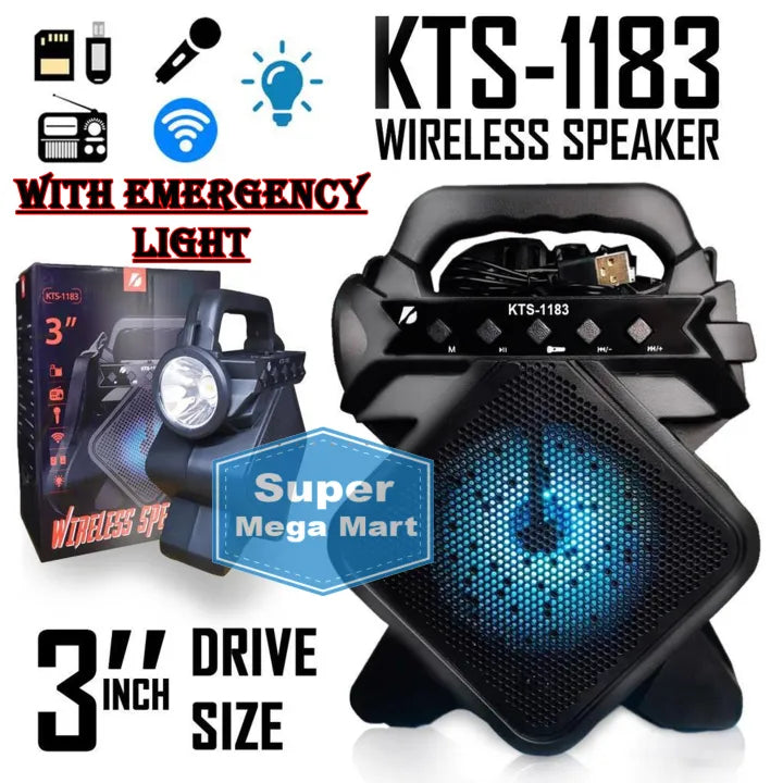 Original Kts 1183 Bluetooth Wireless Speaker / Support Usb – Sd Card – Mic / Fm Radio / Usb Charging / 3″ Drive Size / Mini Mp3 Player / Very Loud & Clear Sound System Loudspeaker / Torch / High Quality Stereo Bass Rechargeable Flashlight Speakers