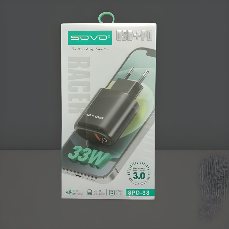 SOVO Racer SPD-33 USB + PD 33W Built-In Intelligent Chip Fast Charging Adapter