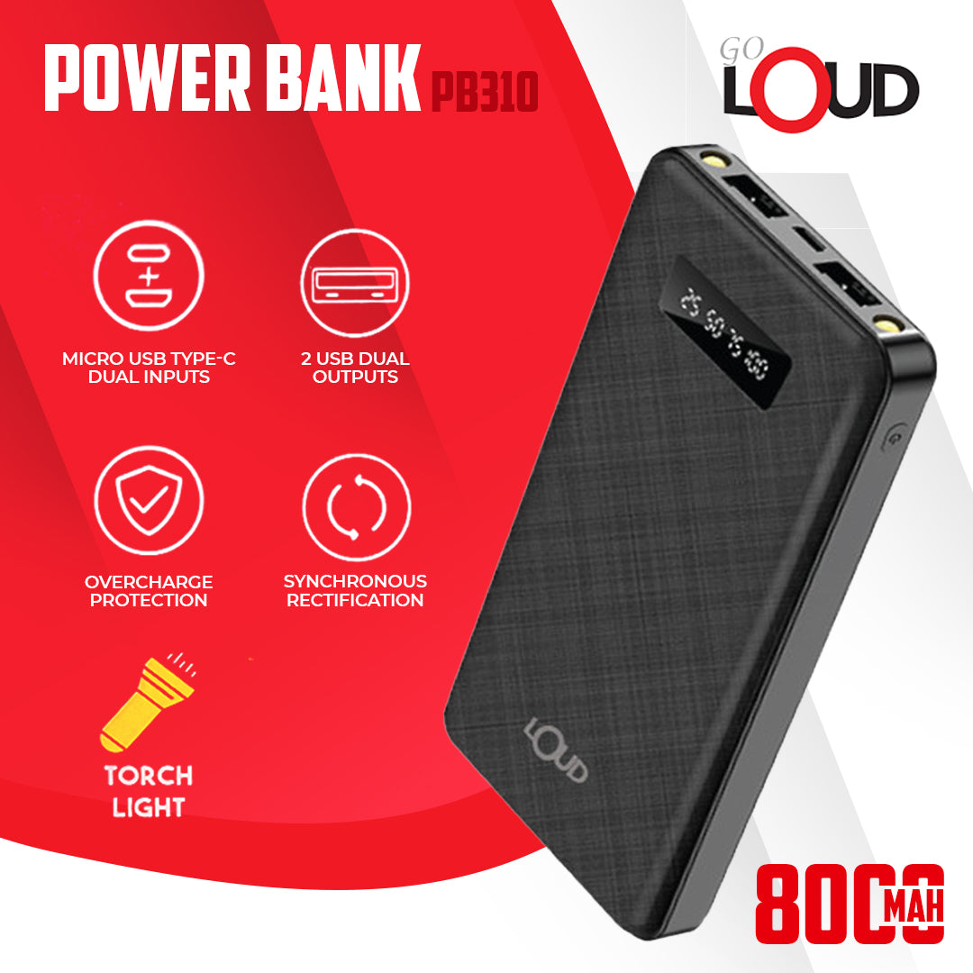 Loud PB310 Power Bank 8000mah Torch & Digital Display With 2.0A Dual Port Light Weight