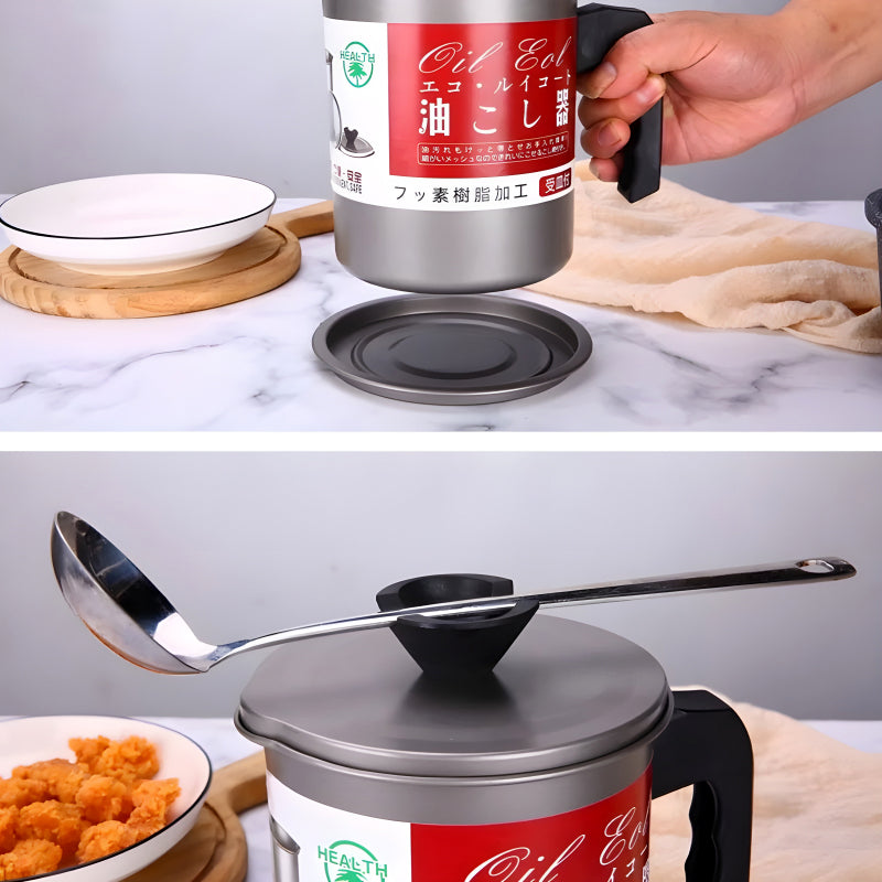 Stainless Steel 1.4-Liter Cooking Oil Strainer Pot with Filter and Thick Chassis for Efficient Grease Filtration