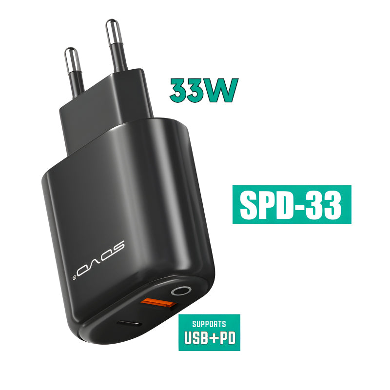 SOVO Racer SPD-33 USB + PD 33W Built-In Intelligent Chip Fast Charging Adapter