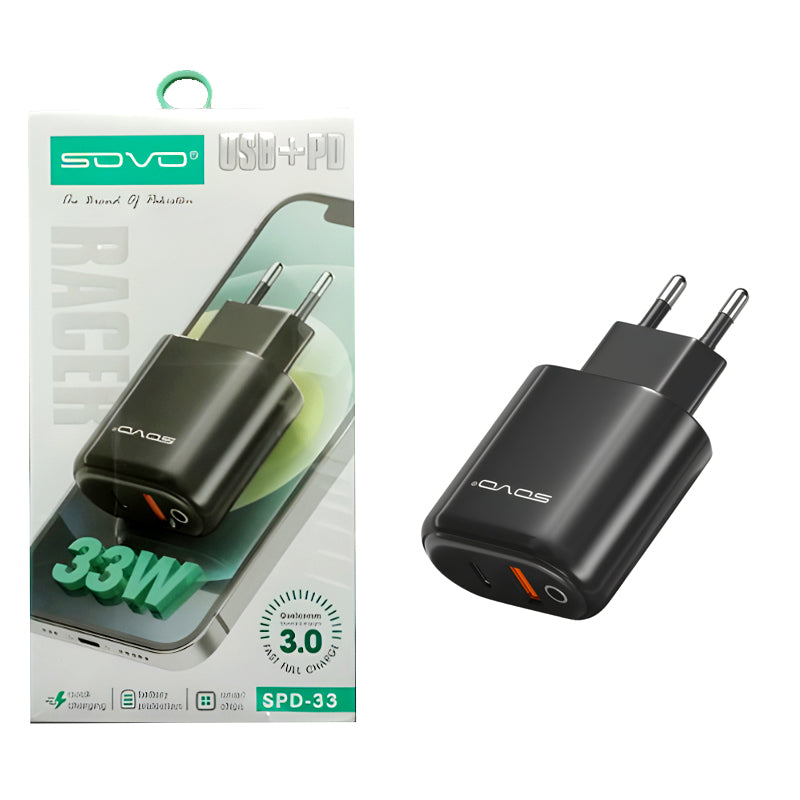 SOVO Racer SPD-33 USB + PD 33W Built-In Intelligent Chip Fast Charging Adapter